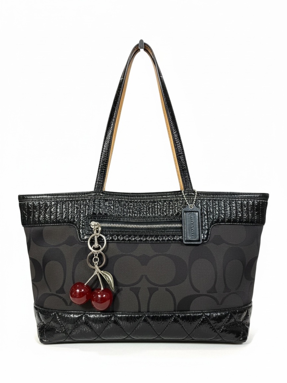 Coach Canvas and Patent Leather Black Logo Tote Bag w/ Cherry Charm & Coach Tag